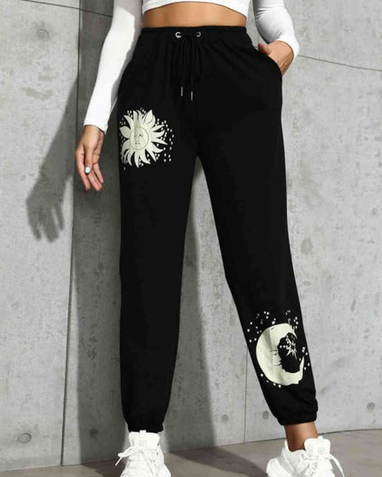 Sun and Moon Graphic Drawstring Joggers