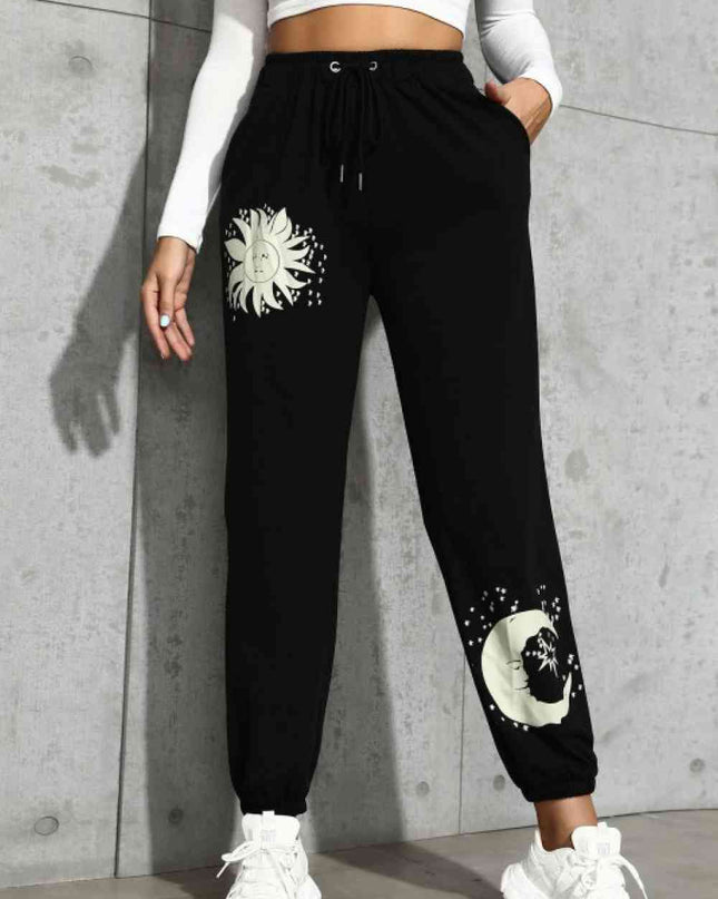 Sun and Moon Graphic Drawstring Joggers