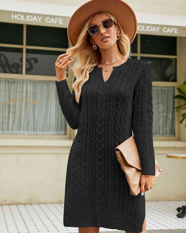Notched Neck Cable-Knit Slit Sweater Dress