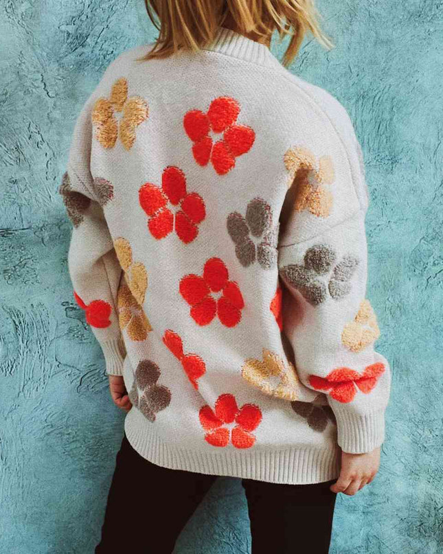 Floral V-Neck Button Up Cardigan with Pockets