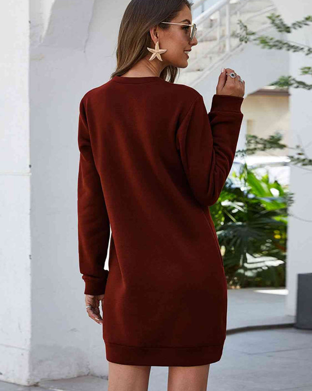 Round Neck Long Sleeve Mini Dress with Pockets