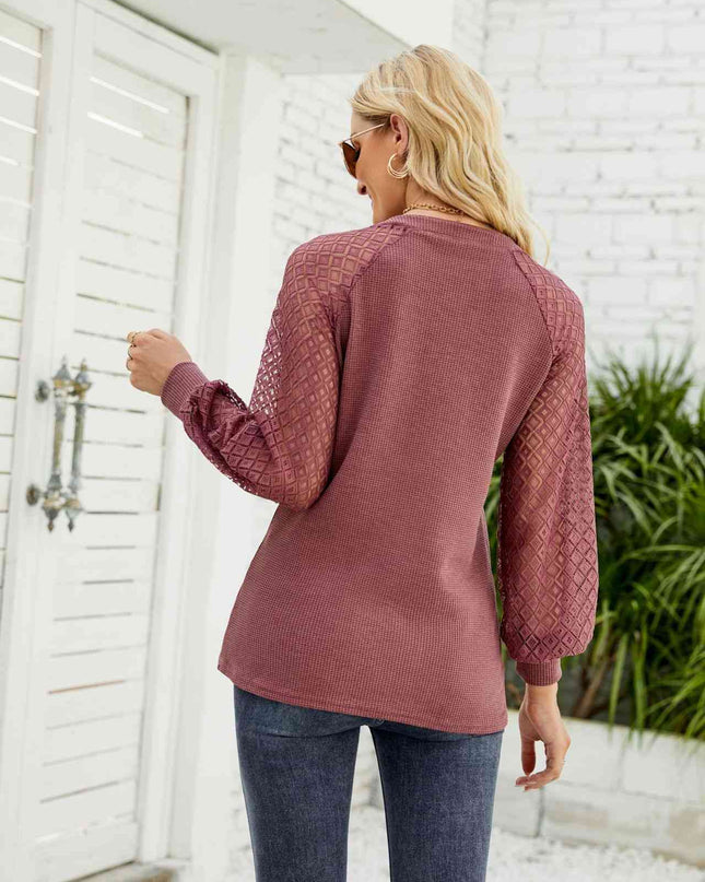 Waffle-Knit Spliced Lace Notched Top