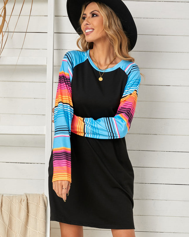 Striped Long Raglan Sleeve Round Neck Dress