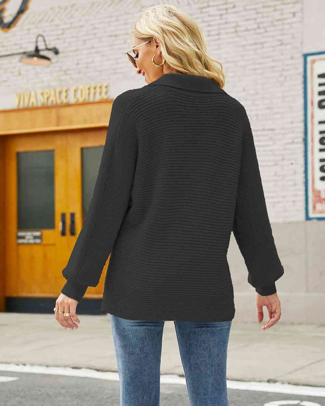 Double Take Horizontal Ribbing Johnny Collar Sweater