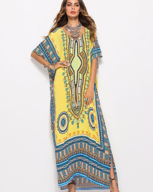 Printed V-Neck Side Slit Maxi Dress