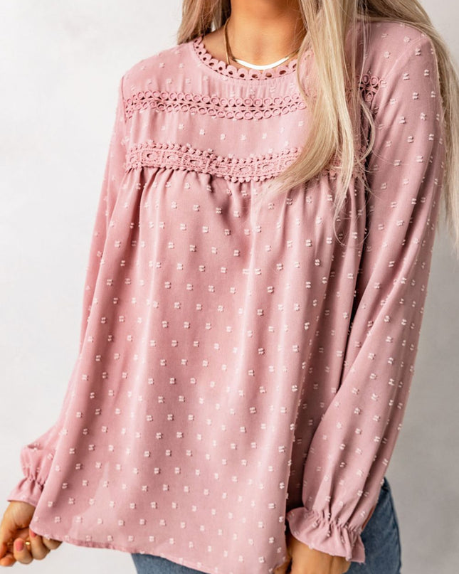 Swiss Dot Flounce Sleeve Button Detail Blouse