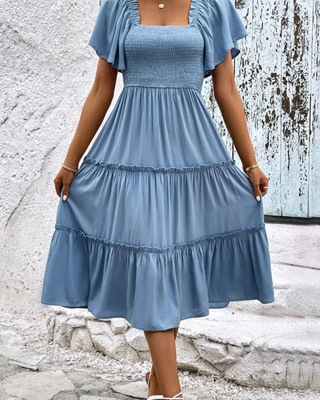 Smocked Square Neck Frill Trim Dress