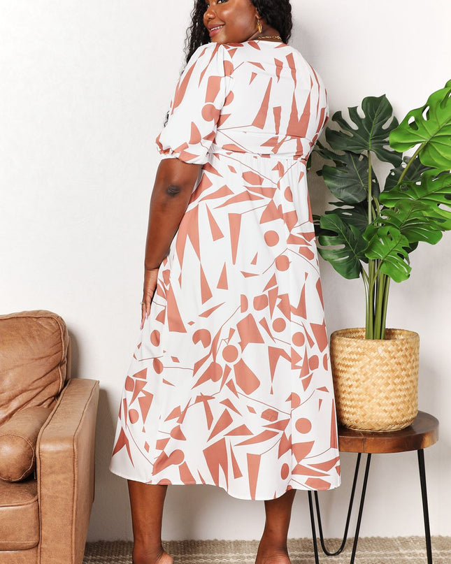 Double Take Printed Surplice Balloon Sleeve Dress