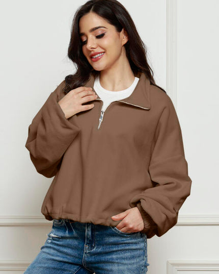 Half-Zip Collared Drop Shoulder Fleece Sweatshirt