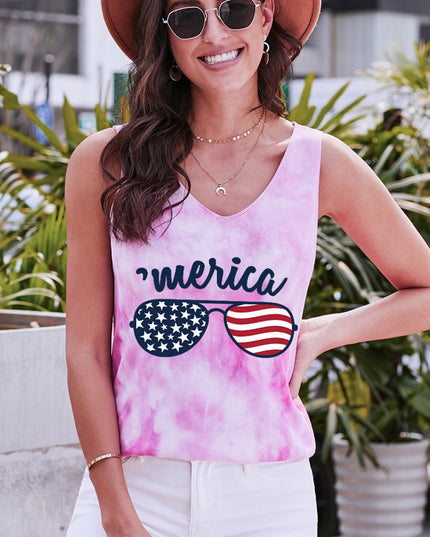 US Flag Sunglasses Graphic Tie-Dye Tank