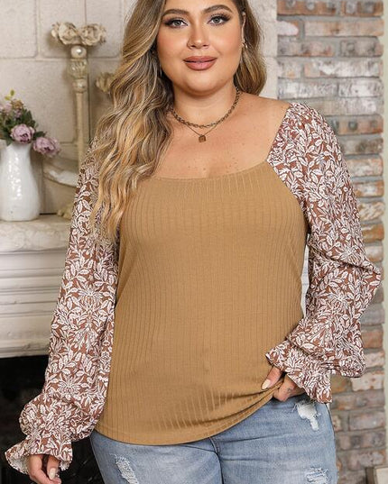 Plus Size Floral Square Neck Flounce Sleeve Blouse
