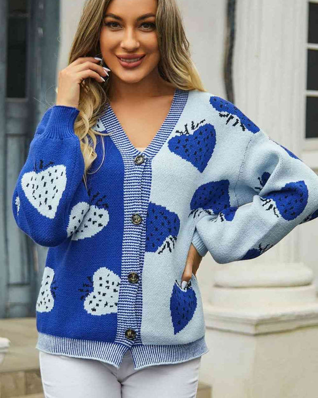 Printed V-Neck Button-Down Long Sleeve Cardigan