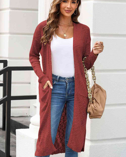 Open Front Slit Cardigan with Pockets