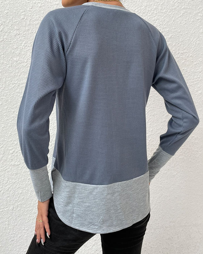 Waffle-Knit Round Neck Raglan Sleeve Tee