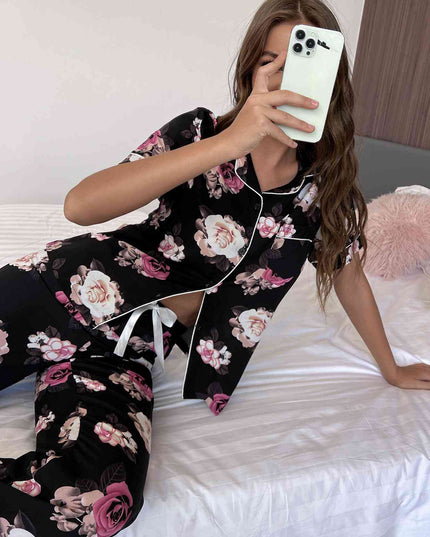 Floral Short Sleeve Shirt and Pants Lounge Set