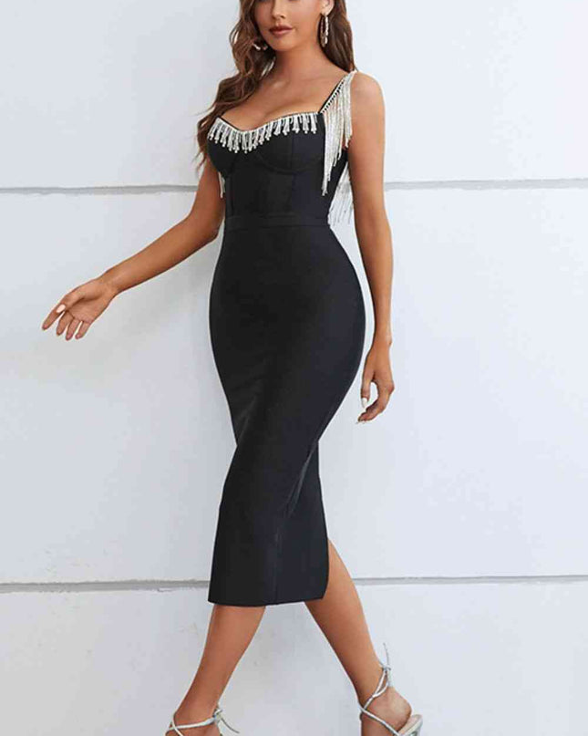 Rhinestone Fringe Sweetheart Neck Slit Dress