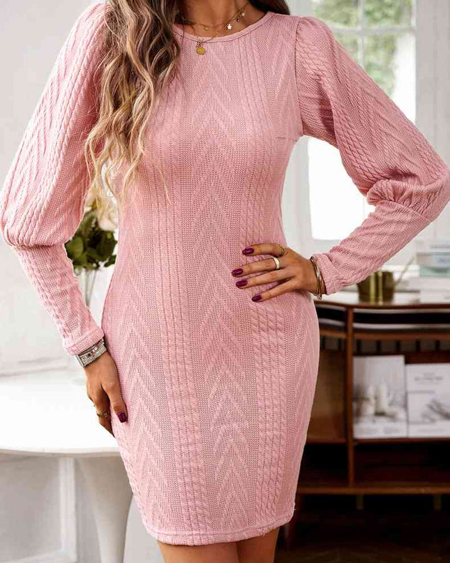 Cable-Knit Round Neck Lantern Sleeve Sweater Dress