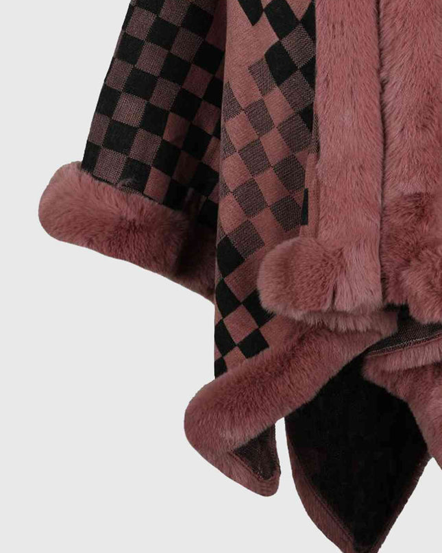 Checkered Faux Fur Trim Poncho