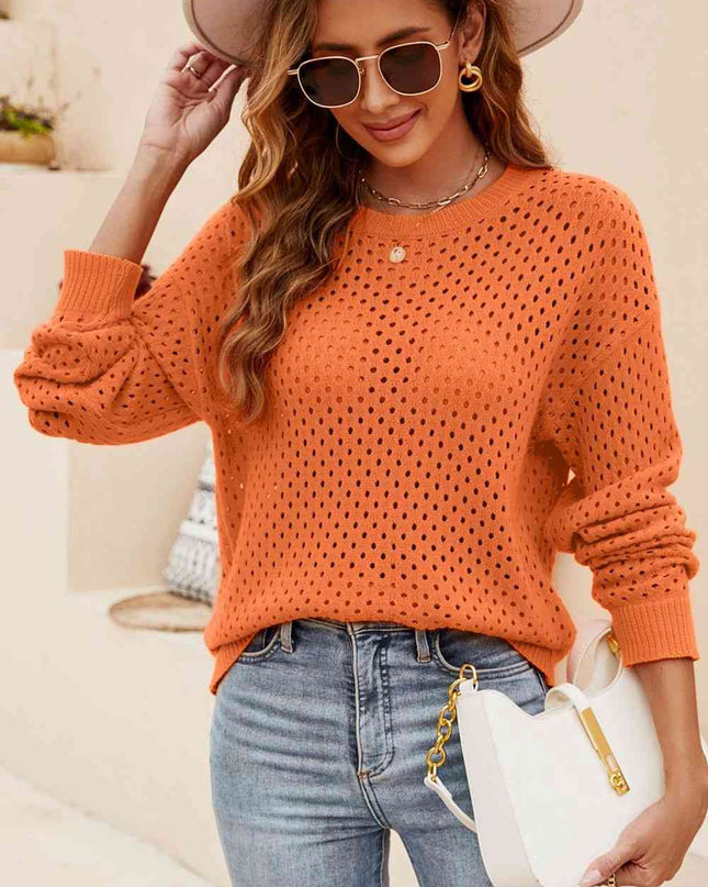 Round Neck Openwork Dropped Shoulder Knit Top