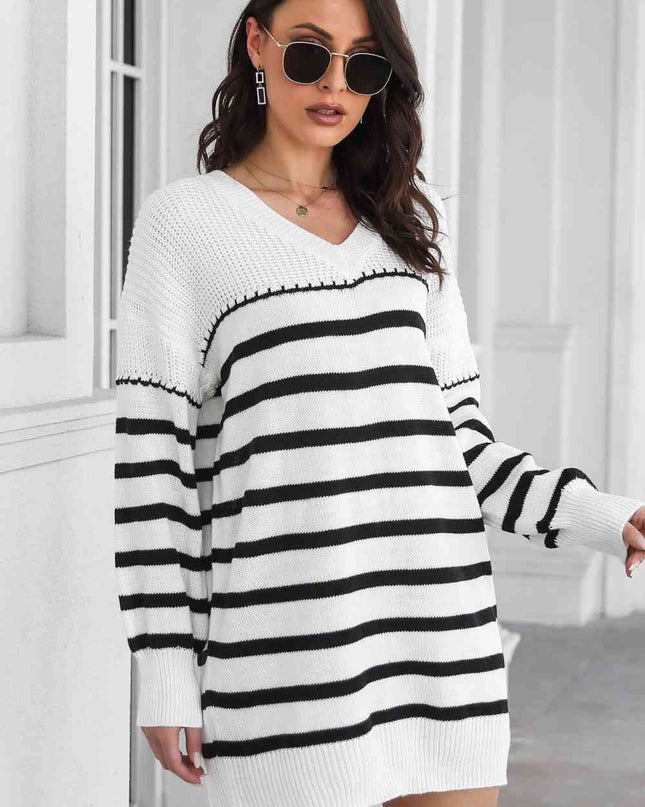 Striped V-Neck Drop Shulder Sweater Dress