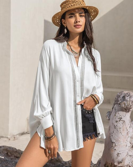 Openwork Button Up Long Sleeve Shirt