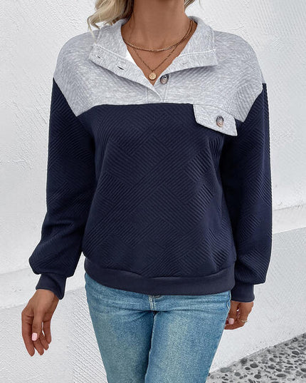 Textured Contrast Half Button Sweatshirt