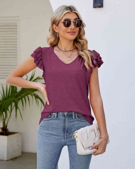 Smocked Flutter Sleeve V-Neck Top