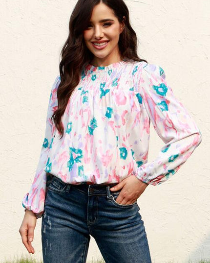 Floral Smocked Balloon Sleeve Round Neck Blouse