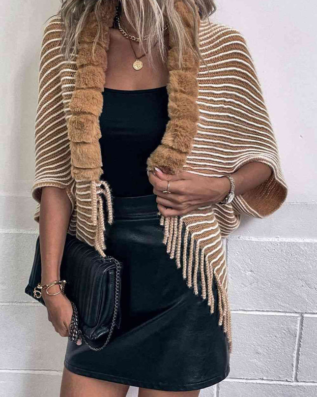 Striped Open Front Fringe Poncho