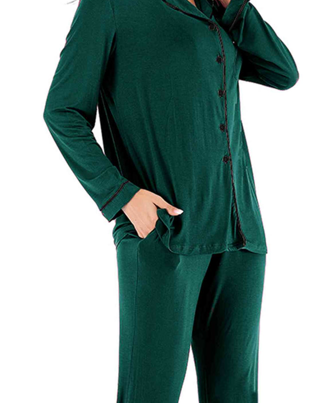 Collared Neck Long Sleeve Loungewear Set with Pockets