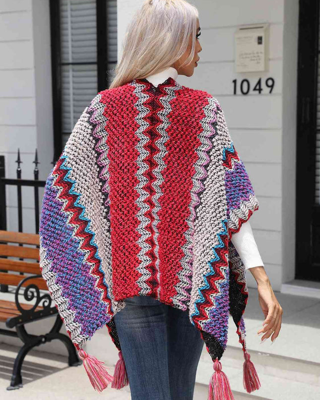 Striped Open Front Poncho with Tassels