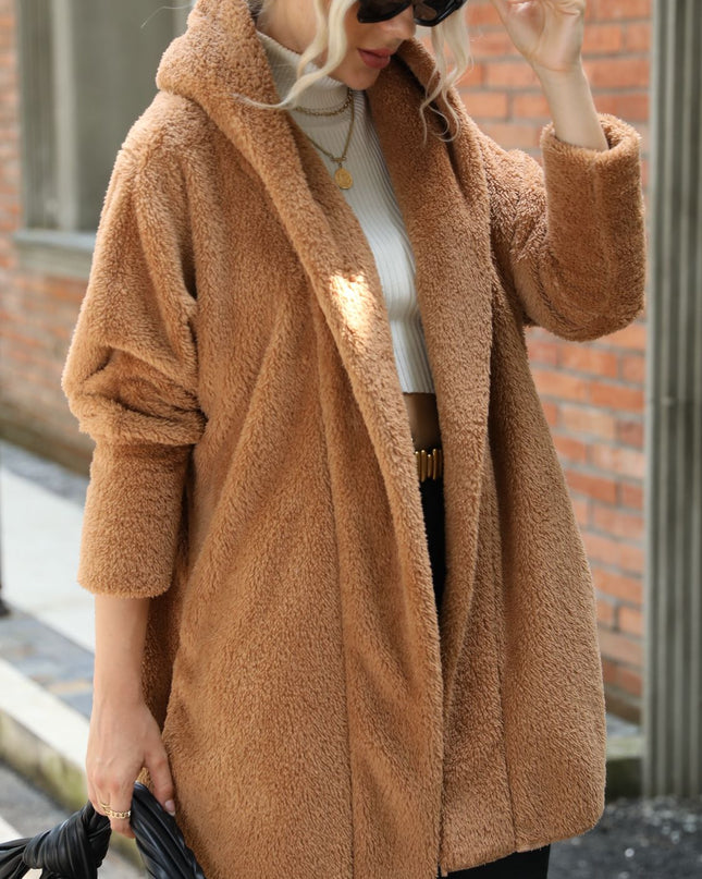 Open Front Hooded Teddy Coat