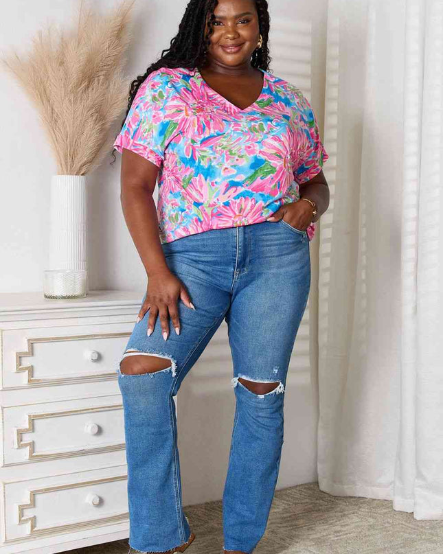 Double Take Floral V-Neck Short Sleeve Blouse