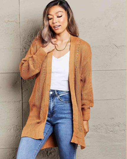 Woven Right Openwork Rib-Knit Slit Cardigan