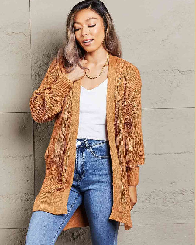 Woven Right Openwork Rib-Knit Slit Cardigan