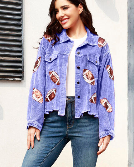 Football Sequin Raw Hem Collared Neck Jacket