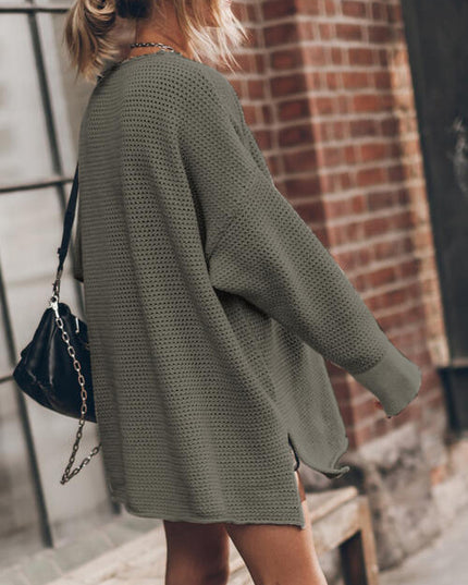 Openwork Round Neck Long Sleeve Slit Sweater
