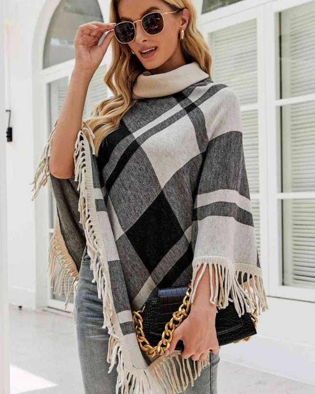 Plaid Turtleneck Fringe Hem Poncho
