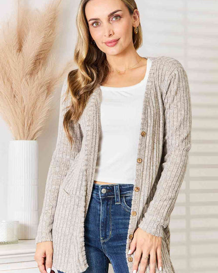Double Take Ribbed Button-Up Cardigan with Pockets