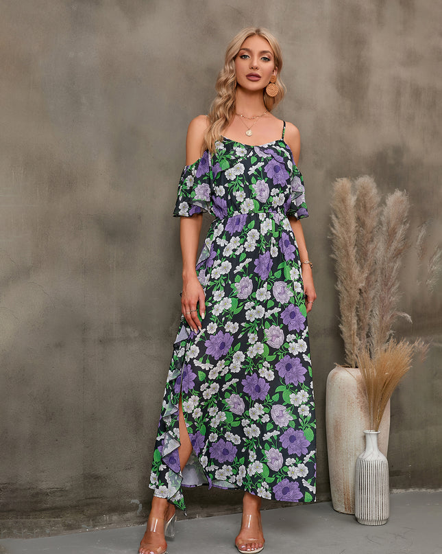 Floral Spaghetti Strap Cold-Shoulder Slit Maxi Dress
