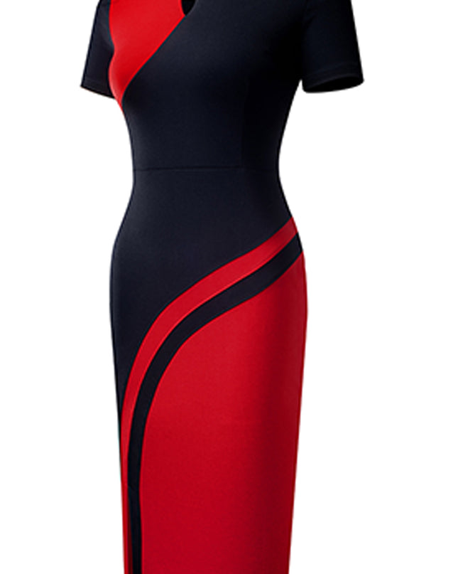 Two-Tone Round Neck Short Sleeve Slit Dress