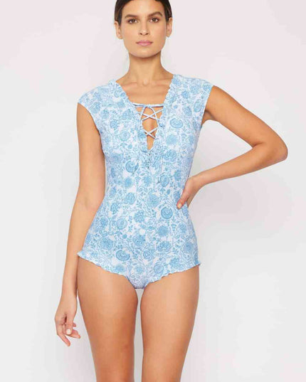 Marina West Swim Bring Me Flowers V-Neck One Piece Swimsuit In Thistle Blue