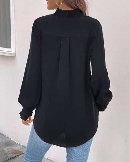 Smocked Notched Long Sleeve Blouse