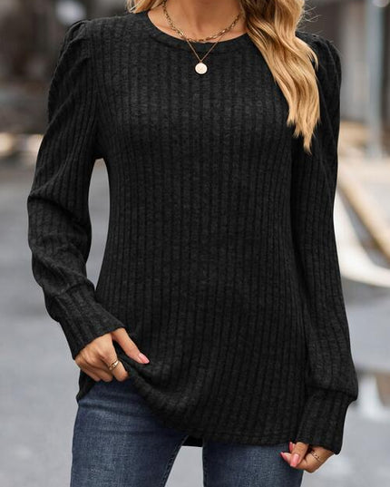 Ribbed Round Neck Long Sleeve Knit Top