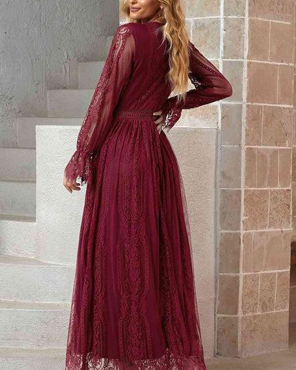 Scalloped Hem Flounce Sleeve Lace V-Neck Maxi Dress