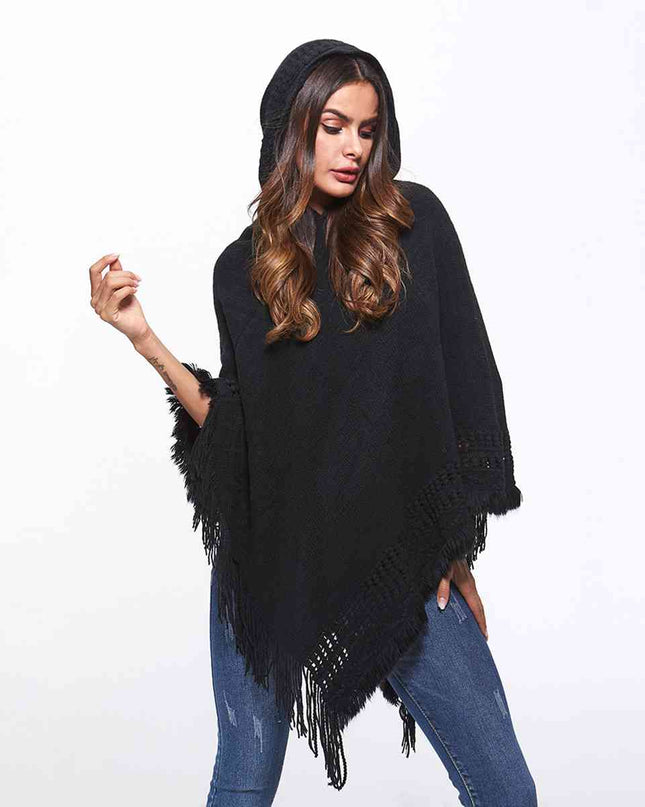 Openwork Fringe Hem Hooded Poncho