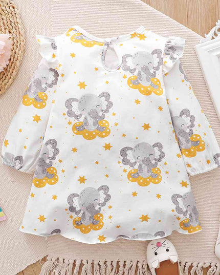 Printed Round Neck Ruffle Shoulder Dress