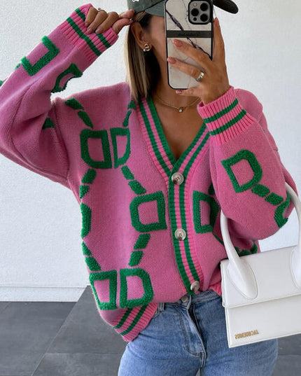 Geometric Dropped Shoulder Button Down Cardigan