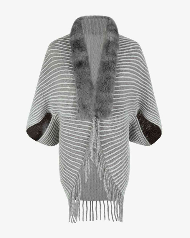 Striped Open Front Fringe Poncho