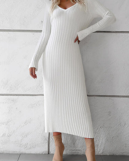 V-Neck Long Sleeve Ribbed Sweater Dress